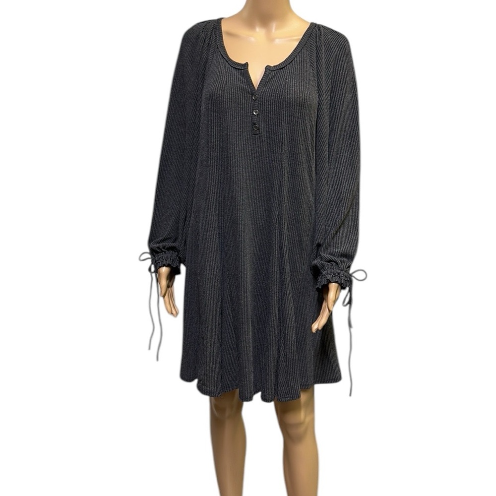 GiGio Gray Ribbed A Line Button Henley V Neck Long Sleeve Dress Oversized Small